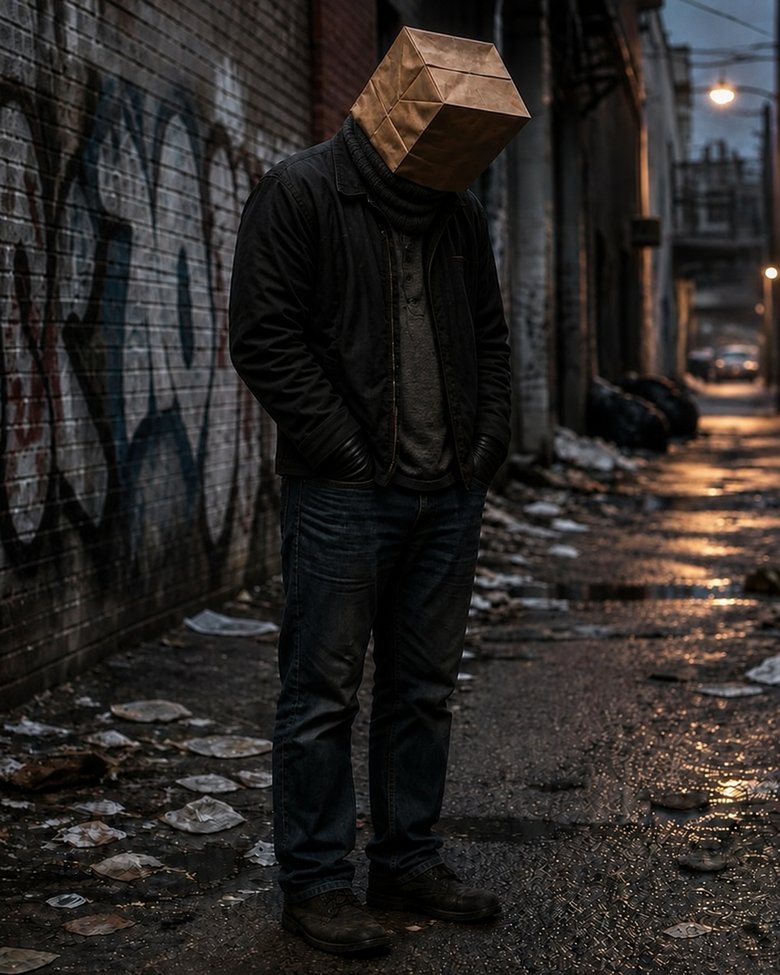 T.C. Lee standing in a dim city alley at dusk, face hidden beneath a brown paper bag, wearing gloves and a scarf.